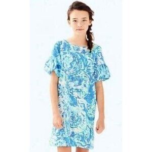 LILLY PULITZER Girl's Mini Lindell Dress Bennet Blue Shell Puff Sleeve, XL 12 14